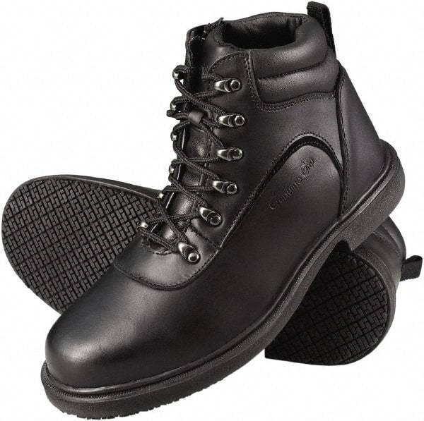 Genuine Grip - Unisex Size 7.5 Wide Width Steel Work Boot - Black, Leather Upper, Rubber Outsole, 6" High, Dielectric, Non-Slip - USA Tool & Supply