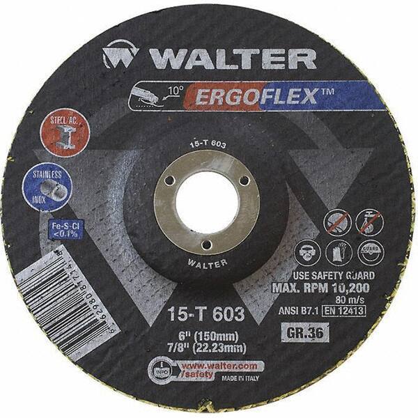 WALTER Surface Technologies - 36 Grit, 6" Disc Diam, 7/8" Center Hole, Type 29 Ceramic Flap Disc - 10,200 Max RPM, Fiber Backing, Arbor Attaching System, Coated - USA Tool & Supply