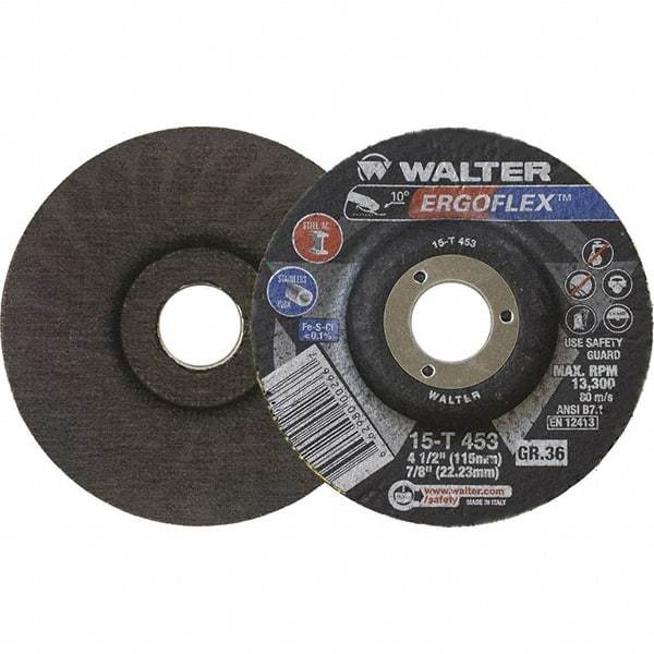WALTER Surface Technologies - 36 Grit, 4-1/2" Disc Diam, 7/8" Center Hole, Type 29 Ceramic Flap Disc - 13,300 Max RPM, Fiber Backing, Arbor Attaching System, Coated - USA Tool & Supply