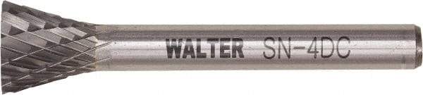 WALTER Surface Technologies - 1/4" Cut Diam, 1/4" Shank Diam, Inverted Cone Head Double Cut Burr - Tungsten Carbide, 1" LOC, 4" OAL - USA Tool & Supply