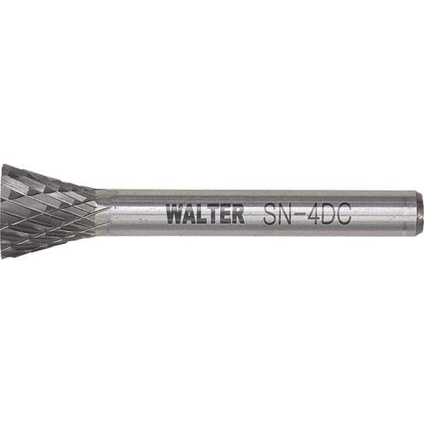 WALTER Surface Technologies - 1/4" Cut Diam, 1/4" Shank Diam, Inverted Cone Head Double Cut Burr - Tungsten Carbide, 3/4" LOC, 4-3/4" OAL - USA Tool & Supply