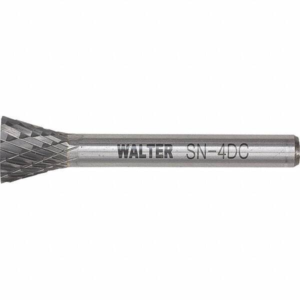 WALTER Surface Technologies - 1/4" Cut Diam, 1/4" Shank Diam, Inverted Cone Head Double Cut Burr - Tungsten Carbide, 1/2" LOC, 4-1/2" OAL - USA Tool & Supply