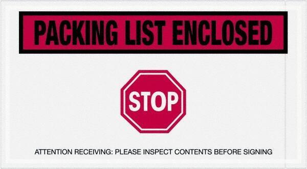 Value Collection - 1,000 Piece, 5-1/2" Long x 10" Wide, Packing List Envelope - Packing List Enclosed - Stop, Red - USA Tool & Supply
