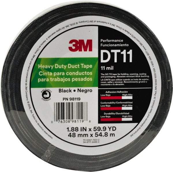3M - 2" x 54.8m Silver Duct Tape - 11 mil, Rubber Adhesive, Polyethylene Film Backing, Series DT11 - USA Tool & Supply