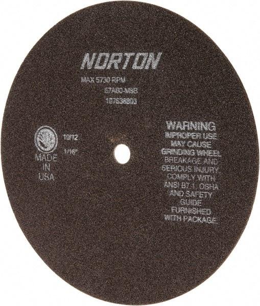 Norton - 8" 60 Grit Aluminum Oxide Cutoff Wheel - 1/16" Thick, 1/2" Arbor, 5,730 Max RPM, Use with Stationary Grinders - USA Tool & Supply