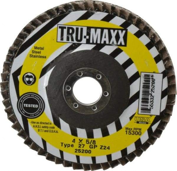 Tru-Maxx - 24 Grit, 4" Disc Diam, 5/8" Center Hole, Type 27 Zirconia Alumina Flap Disc - 15,300 Max RPM, Arbor Attaching System, Coated - USA Tool & Supply