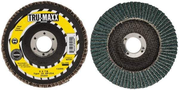 Tru-Maxx - 24 Grit, 5" Disc Diam, 7/8" Center Hole, Type 29 Zirconia Alumina Flap Disc - 12,200 Max RPM, Arbor Attaching System, Coated - USA Tool & Supply