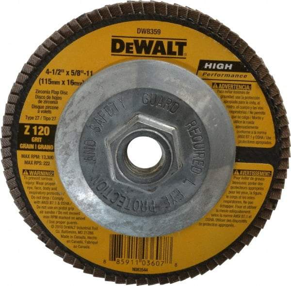 DeWALT - 120 Grit, 4-1/2" Disc Diam, 5/8-11 Center Hole, Type 27 Zirconia Alumina Flap Disc - 13,300 Max RPM, Fiberglass Backing, Arbor Attaching System, Coated - USA Tool & Supply