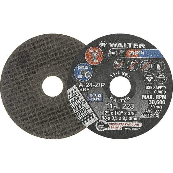 WALTER Surface Technologies - 2" 24 Grit Aluminum Oxide Cutoff Wheel - 1/8" Thick, 3/8" Arbor, 30,600 Max RPM, Use with Die Grinders - USA Tool & Supply