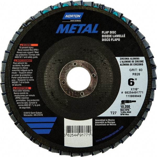 Norton - 60 Grit, 6" Disc Diam, 7/8" Center Hole, Type 27 Zirconia Alumina Flap Disc - 10,200 Max RPM, Fiberglass Backing, Arbor Attaching System, Coated - USA Tool & Supply