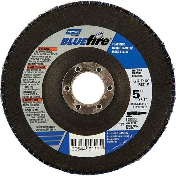 Norton - 24 Grit, 5" Disc Diam, 7/8" Center Hole, Type 29 Zirconia Alumina Flap Disc - 12,000 Max RPM, Fiberglass Backing, Arbor Attaching System, Coated - USA Tool & Supply
