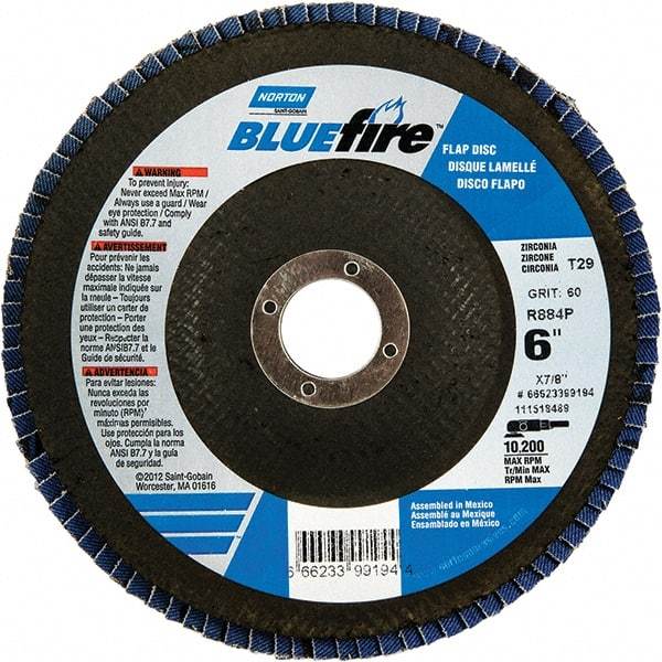 Norton - 80 Grit, 6" Disc Diam, 7/8" Center Hole, Type 29 Zirconia Alumina Flap Disc - 10,200 Max RPM, Fiberglass Backing, Arbor Attaching System, Coated - USA Tool & Supply