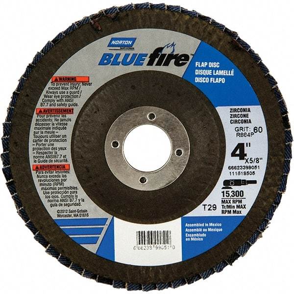 Norton - 40 Grit, 4" Disc Diam, 5/8" Center Hole, Type 29 Zirconia Alumina Flap Disc - 15,300 Max RPM, Fiberglass Backing, Arbor Attaching System, Coated - USA Tool & Supply