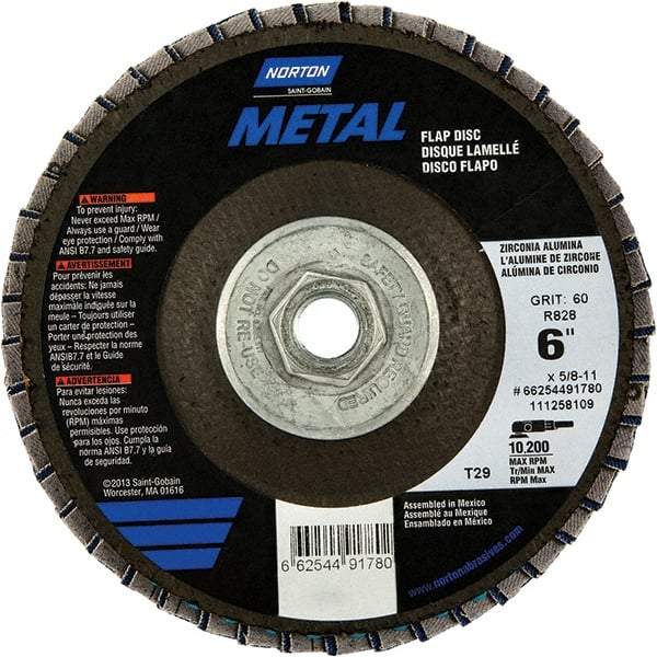 Norton - 80 Grit, 6" Disc Diam, 5/8-11 Center Hole, Type 29 Zirconia Alumina Flap Disc - 10,200 Max RPM, Fiberglass Backing, Arbor Attaching System, Coated - USA Tool & Supply