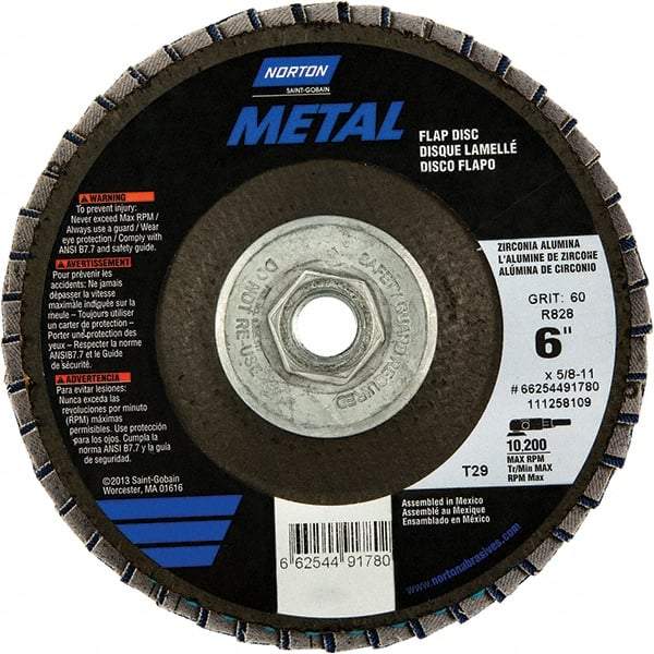 Norton - 40 Grit, 6" Disc Diam, 5/8-11 Center Hole, Type 29 Zirconia Alumina Flap Disc - 10,200 Max RPM, Fiberglass Backing, Arbor Attaching System, Coated - USA Tool & Supply