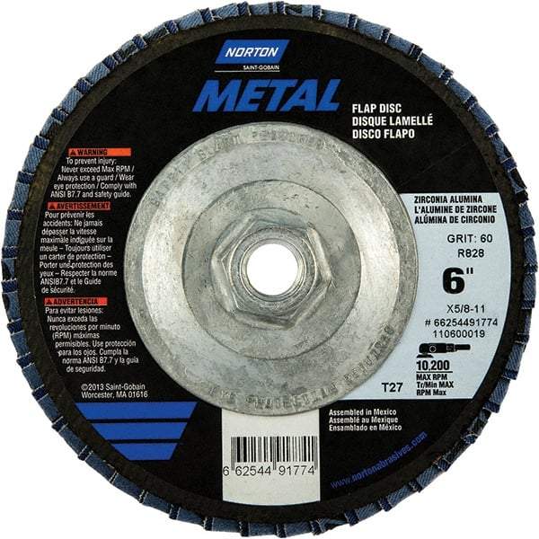 Norton - 80 Grit, 6" Disc Diam, 5/8-11 Center Hole, Type 27 Zirconia Alumina Flap Disc - 10,200 Max RPM, Fiberglass Backing, Arbor Attaching System, Coated - USA Tool & Supply