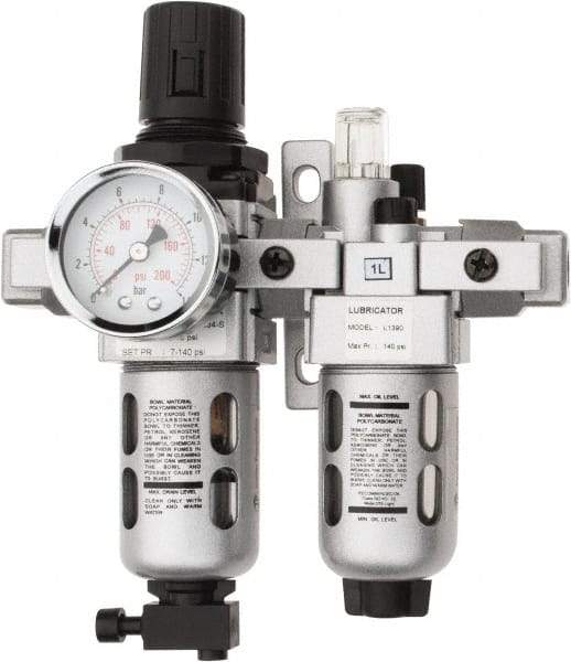 PRO-SOURCE - 1/8" NPT Port Miniature 2 Piece Filter/Regulator-Lubricator FRL Unit - Polycarbonate Bowl, 14 SCFM, 145 Max psi, 6.69" High, Manual Drain - USA Tool & Supply