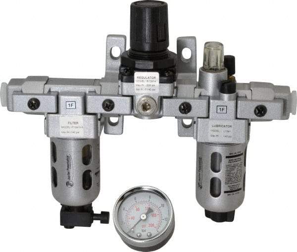 PRO-SOURCE - 1/4" NPT Port Miniature 3 Piece Filter-Regulator-Lubricator FRL Unit - Polycarbonate Bowl, 18 SCFM, 145 Max psi, 6.69" High, Manual Drain - USA Tool & Supply
