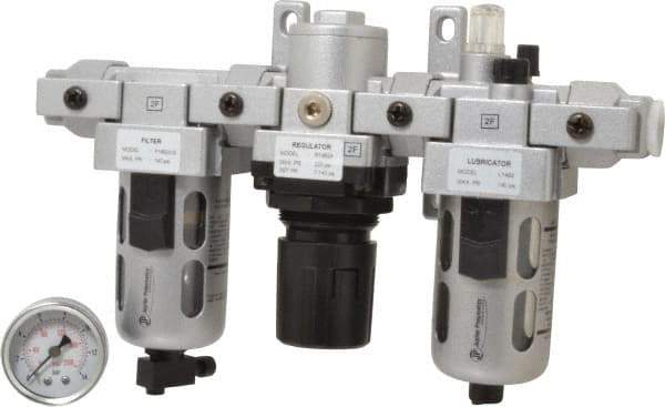 PRO-SOURCE - 3/8" NPT Port Intermediate 3 Piece Filter-Regulator-Lubricator FRL Unit - Polycarbonate Bowl, 71 SCFM, 145 Max psi, 8.66" High, Manual Drain - USA Tool & Supply