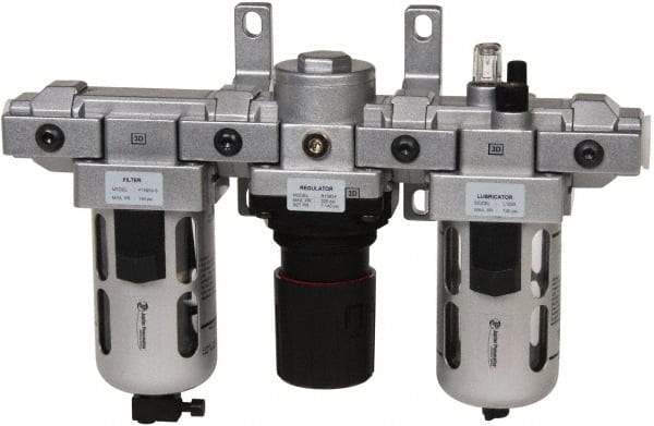 PRO-SOURCE - 1/2" NPT Port Standard 3 Piece Filter-Regulator-Lubricator FRL Unit - Polycarbonate Bowl, 106 SCFM, 145 Max psi, 112" High, Manual Drain - USA Tool & Supply