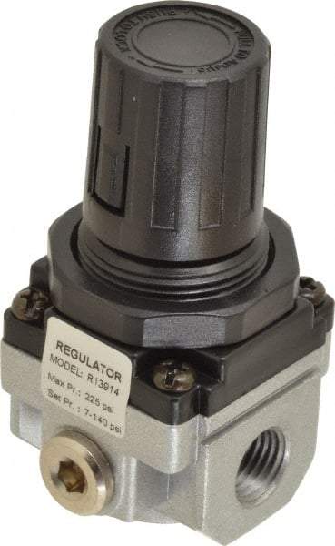 PRO-SOURCE - 1/4 NPT Port, 21 CFM, Aluminum Miniature Regulator - 7 to 145 psi Range, 220 Max psi Supply Pressure, 1/8" Gauge Port Thread, 1.56" Wide x 3.19" High - USA Tool & Supply