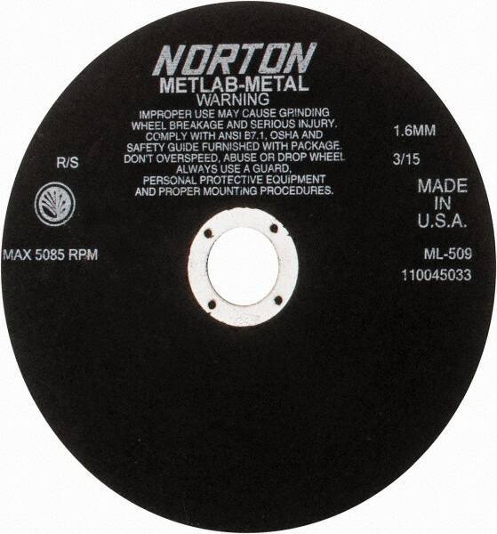 Norton - 9" Aluminum Oxide Cutoff Wheel - 0.063" Thick, 1-1/4" Arbor, 5,085 Max RPM, Use with Stationary Tools - USA Tool & Supply