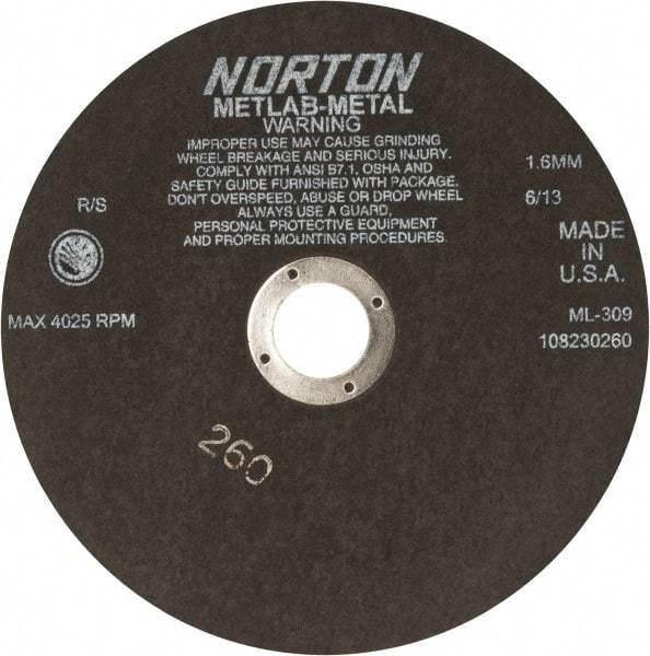 Norton - 9" Aluminum Oxide Cutoff Wheel - 0.063" Thick, 1-1/4" Arbor, 4,025 Max RPM, Use with Stationary Tools - USA Tool & Supply