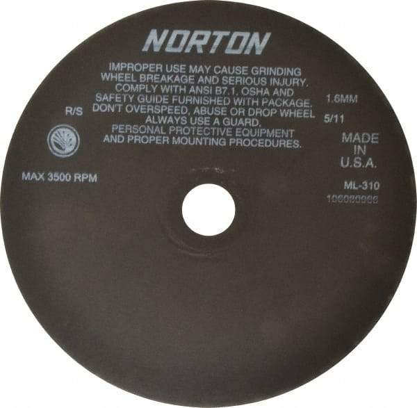 Norton - 10" Aluminum Oxide Cutoff Wheel - 0.063" Thick, 1-1/4" Arbor, 3,500 Max RPM, Use with Stationary Tools - USA Tool & Supply