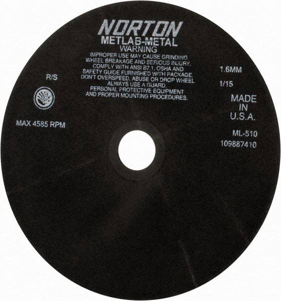 Norton - 10" Aluminum Oxide Cutoff Wheel - 0.063" Thick, 1-1/4" Arbor, 4,585 Max RPM, Use with Stationary Tools - USA Tool & Supply
