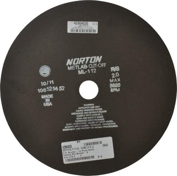 Norton - 12" Aluminum Oxide Cutoff Wheel - 0.078" Thick, 1-1/4" Arbor, 3,820 Max RPM, Use with Stationary Tools - USA Tool & Supply