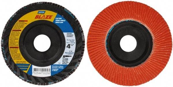 Norton - 120 Grit, 4-1/2" Disc Diam, 7/8" Center Hole, Type 27 Ceramic Flap Disc - Fiberglass Backing, Arbor Attaching System, Coated - USA Tool & Supply
