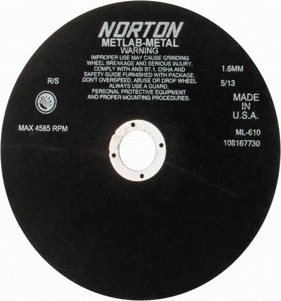 Norton - 10" Aluminum Oxide Cutoff Wheel - 0.063" Thick, 1-1/4" Arbor, 4,585 Max RPM, Use with Stationary Tools - USA Tool & Supply