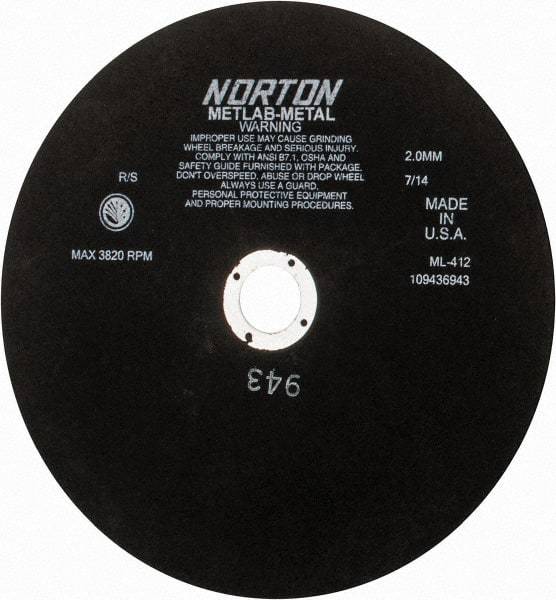Norton - 12" Aluminum Oxide Cutoff Wheel - 0.078" Thick, 1-1/4" Arbor, 3,820 Max RPM, Use with Stationary Tools - USA Tool & Supply