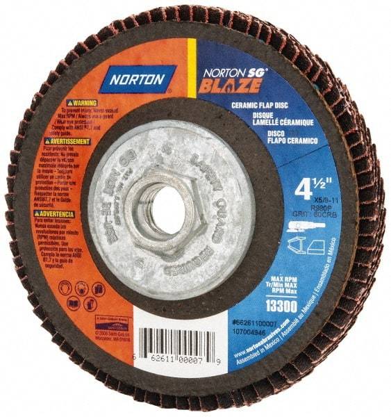 Norton - 60 Grit, 4-1/2" Disc Diam, 5/8-11 Center Hole, Type 27 Ceramic Flap Disc - Plastic Backing, Arbor Attaching System, Coated - USA Tool & Supply