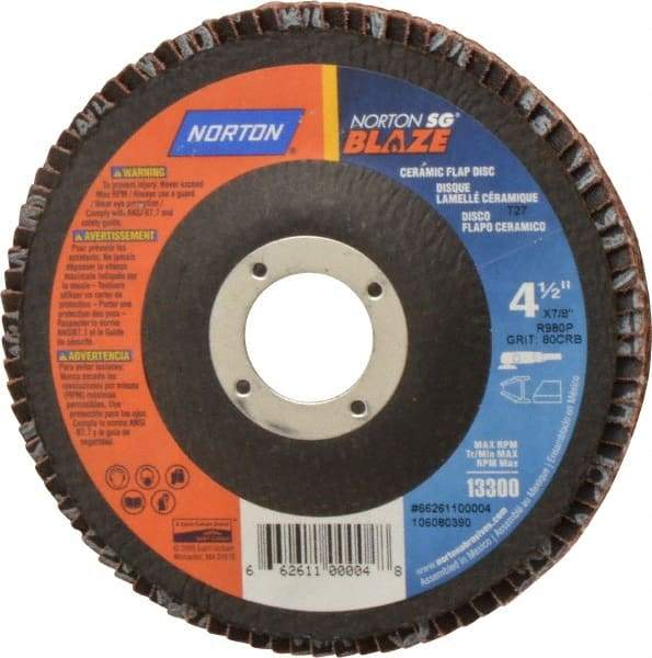 Norton - 80 Grit, 4-1/2" Disc Diam, 7/8" Center Hole, Type 27 Ceramic Flap Disc - Plastic Backing, Arbor Attaching System, Coated - USA Tool & Supply