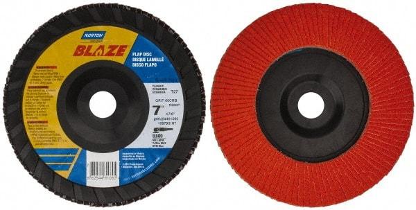Norton - 60 Grit, 7" Disc Diam, 7/8" Center Hole, Type 27 Ceramic Flap Disc - Plastic Backing, Arbor Attaching System, Coated - USA Tool & Supply