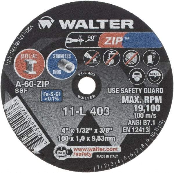 WALTER Surface Technologies - 4" 60 Grit Aluminum Oxide Cutoff Wheel - 1/32" Thick, 3/8" Arbor, 19,100 Max RPM, Use with Die Grinders - USA Tool & Supply