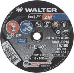 WALTER Surface Technologies - 4" 60 Grit Aluminum Oxide Cutoff Wheel - 1/32" Thick, 3/8" Arbor, 19,100 Max RPM, Use with Die Grinders - USA Tool & Supply