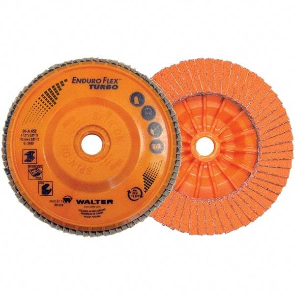 WALTER Surface Technologies - 36 & 60 Grit, 4-1/2" Disc Diam, 7/8" Center Hole, Type 27 Ceramic Flap Disc - 13,300 Max RPM, Plastic Backing, Arbor Attaching System, Coated - USA Tool & Supply