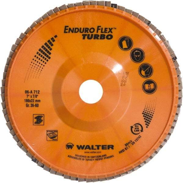 WALTER Surface Technologies - 36 & 60 Grit, 7" Disc Diam, 7/8" Center Hole, Type 27 Ceramic Flap Disc - 8,600 Max RPM, Plastic Backing, Arbor Attaching System, Coated - USA Tool & Supply