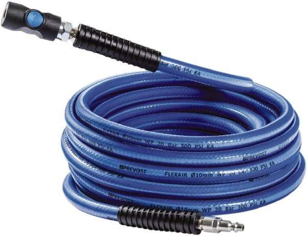 Prevost - 3/8" ID 50' Long Multipurpose Air Hose - Industrial Interchange Safety Coupler x Male Plug Ends, 300 Working psi, 5 to 140°F, 1/4" Fitting, Blue - USA Tool & Supply