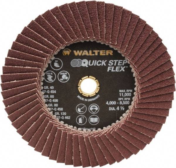 WALTER Surface Technologies - 80 Grit, 4-1/2" Disc Diam, Type 29 Aluminum Oxide Flap Disc - 11,000 Max RPM, Fiber Backing, Arbor Attaching System, Coated - USA Tool & Supply
