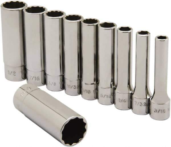 Ability One - 1/4" Drive Deep Well Socket Set - 6, 12 Points, 3/16" to 9/16" Range, Inch Measurement Standard - USA Tool & Supply