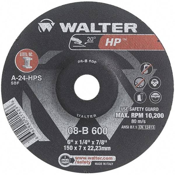 WALTER Surface Technologies - 24 Grit, 6" Wheel Diam, 1/4" Wheel Thickness, 7/8" Arbor Hole, Type 27 Depressed Center Wheel - Aluminum Oxide, Resinoid Bond, 10,200 Max RPM - USA Tool & Supply