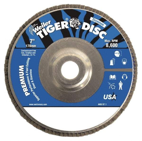 Weiler - 36 Grit, 7" Disc Diam, 7/8" Center Hole, Type 29 Zirconia Alumina Flap Disc - 8,600 Max RPM, Aluminum Backing, Quick Change Type S Attaching System, Coated - USA Tool & Supply