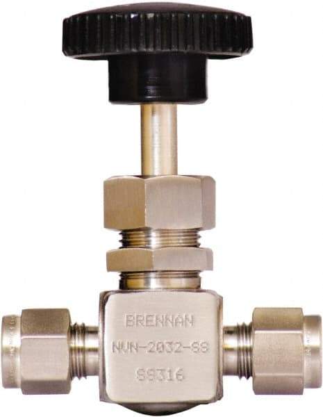 Brennan - 1/4" Pipe, Straight Needle Valve - PTFE Seal, Tube Ends, Stainless Steel Valve, 6,000 Max psi - USA Tool & Supply