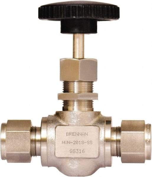 Brennan - 1/2" Pipe, Straight Needle Valve - PTFE Seal, Tube Ends, Stainless Steel Valve, 6,000 Max psi - USA Tool & Supply