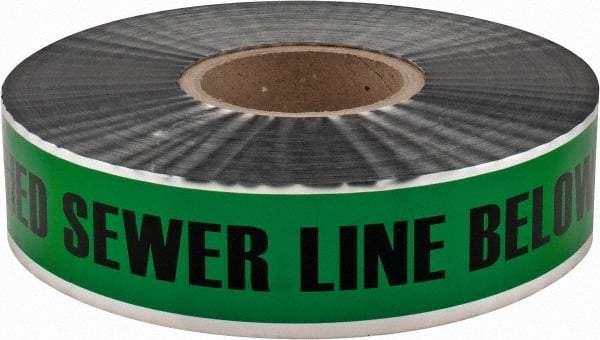 PRO-SAFE - Caution: Buried Sewer Line Below, Detectable Underground Tape - 1,000 Ft. Long x 2 Inch Wide Roll, Polyethylene on Aluminum, 5 mil Thick, Green - USA Tool & Supply