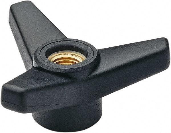 Elesa - 2-1/2" Head Diam, 5/16-18 Hole, 1.375" High, Glass Fibre Reinforced Technopolymer 3 Arm Knob - 1" Hub Diam, 0.98 Head Height, Thru Female Insert Style, 13/16 Hole Depth, Black - USA Tool & Supply