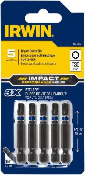 Irwin - T30 Torx Bit - 1/4" Hex Drive, 2" OAL - USA Tool & Supply